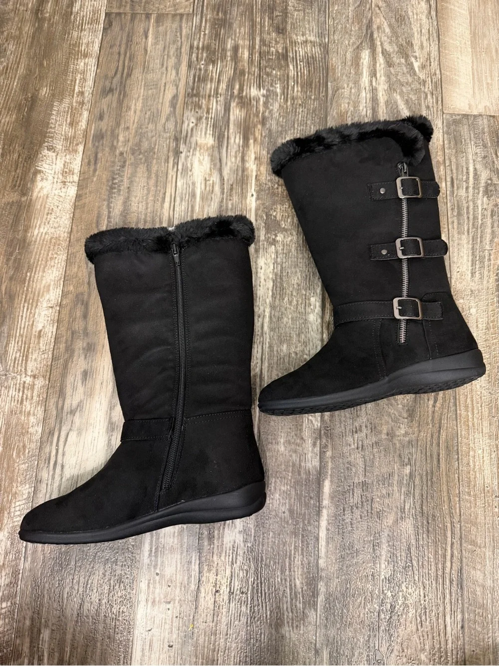 Hot Cakes Kids Black Faux Fur Buckle Zip Rain & Snow Boots Size 3.5
